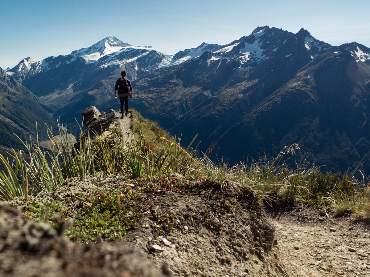 Descent into Matukituki Valley, Mt. Aspiring in the background